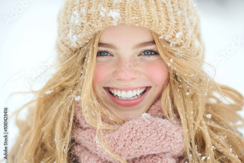 Woman smiling in a winter scene, wearing a beige hat, perfect for cozy holiday themes.