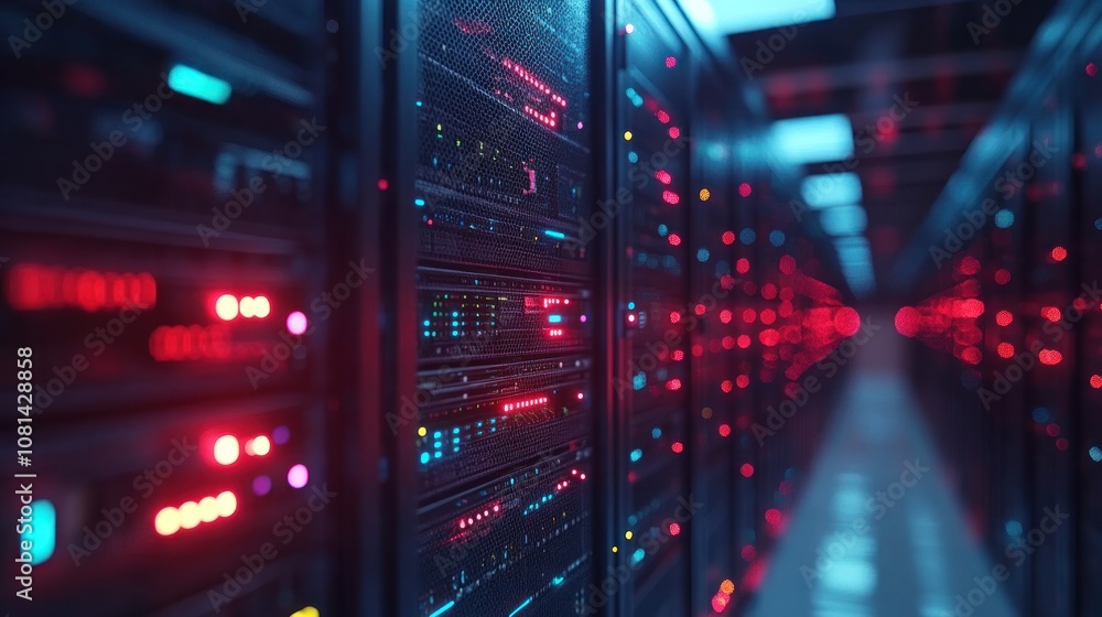 Rows of servers with blinking lights in a data center. Rows of servers with blinking lights in a data center.