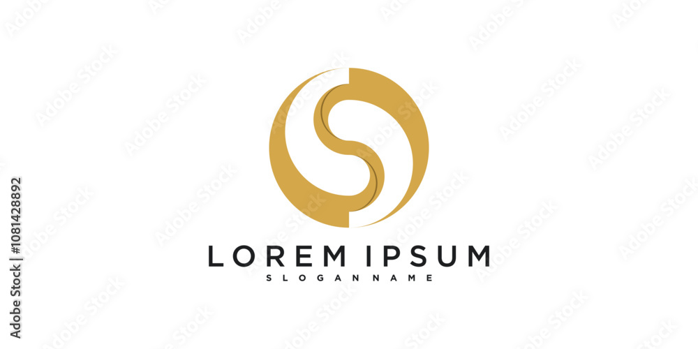 Initial letter S logo. Gold circle shape combination with negative space letter inside. Premium Vector
