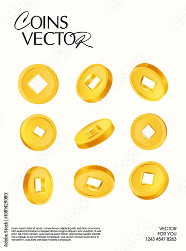 Set of 3d golden coins in japanese style, different points of view, isolated on white background. 3d coin icon pack. 3d coin vector. Vector illustration