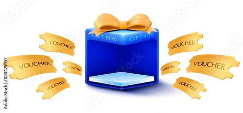 3d gift box product showcase mockup with coupon flying around, isolated on white background. Gift box mockup with voucher template. 3d gift box coupon vector. Vector illustration