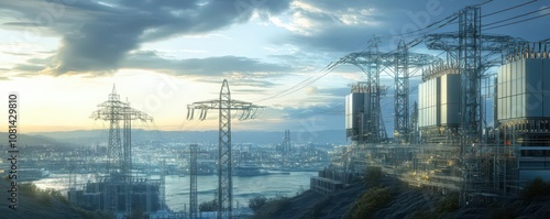 Smart Grids and Sustainable Energy Storage, A futuristic city powered by a smart grid network, with large-scale energy storage batteries ensuring continuous power supply