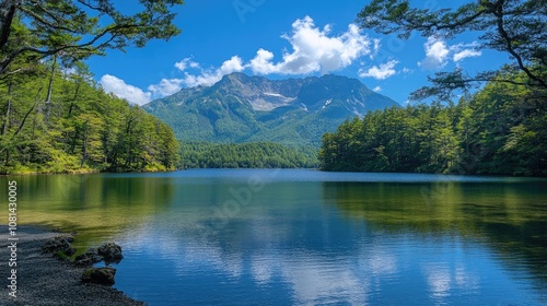 A serene lake with a mountain range in the background and a clear blue sky.