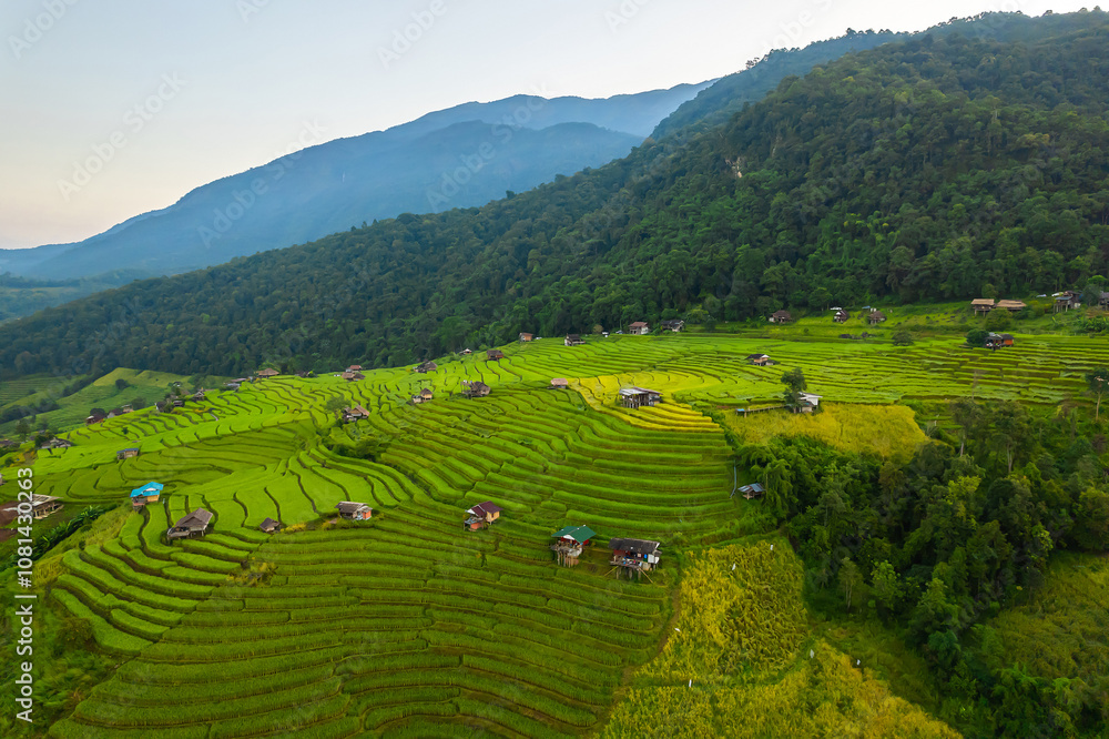 Fototapeta premium Beautiful aerial view of the rice terraces at Ban Pa Bong Piang in Chiang Mai Thailand.