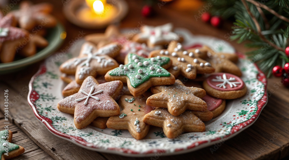 Festive Christmas Cookies on a Decorative Plate, Generative Ai Festive Christmas Cookies on a Decorative Plate, Generative Ai