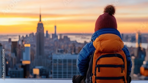 A person wearing a beanie and colorful backpack sits atop a building, absorbing the breathtaking sunrise vista of the New York City skyline in serene contemplation. photo