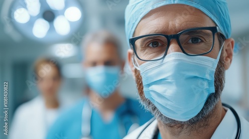 A focused doctor in surgical scrubs, with a surgical mask and cap, stands with a blurry surgical team in the background, indicating professionalism and care.