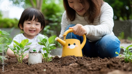 A mother and her young son share joy as they engage in gardening activities, happily tending to plants with smiles amidst the lush green outdoor garden. photo