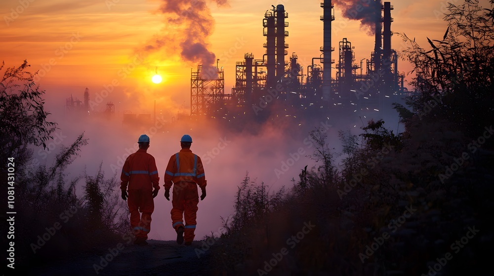 Sunset Walk of Oil Workers Industrial Complex Photography Urban Environment Perspective on Industry Impact Sunset Walk of Oil Workers Industrial Complex Photography Urban Environment Perspective on Industry Impact