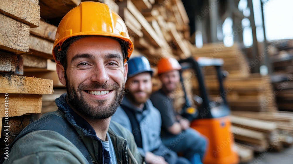 A cheerful construction worker wearing a helmet stands before stacked lumber, showcasing teamwork and craftsmanship in a busy worksite environment. A cheerful construction worker wearing a helmet stands before stacked lumber, showcasing teamwork and craftsmanship in a busy worksite environment.