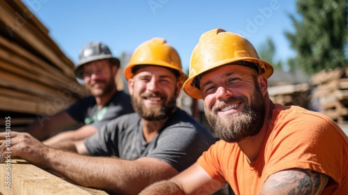 A group of three smiling workers wearing yellow helmets in a construction site, epitomizing teamwork, safety, and the joy of collaborative work in outdoor settings.