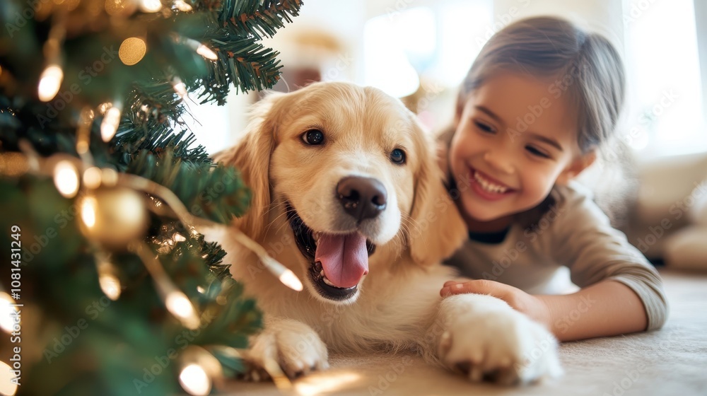 A joyful child and a happy dog lie beside a beautifully decorated Christmas tree, basking in warm holiday cheer and the magic of festive lights. A joyful child and a happy dog lie beside a beautifully decorated Christmas tree, basking in warm holiday cheer and the magic of festive lights.