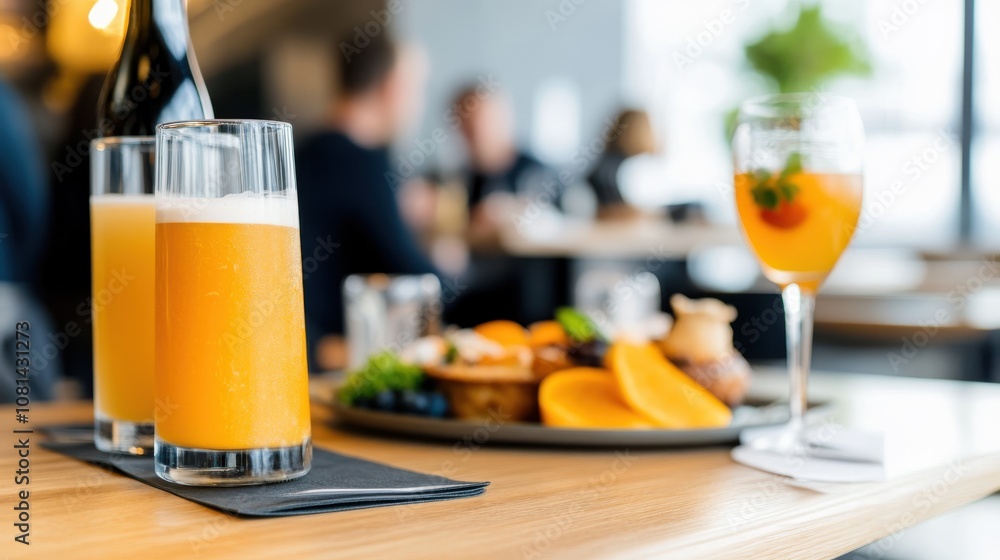 Two tall glasses of orange drinks accompany a diverse platter in a bustling café setting, featuring blurred background patrons and modern interior design elements. Two tall glasses of orange drinks accompany a diverse platter in a bustling café setting, featuring blurred background patrons and modern interior design elements.