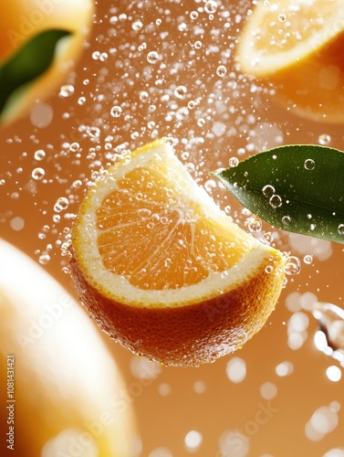 An orange slice appears to levitate amid water droplets, complete with attached leaves, on a vibrant background, evoking freshness, summer, and natural vitality. photo