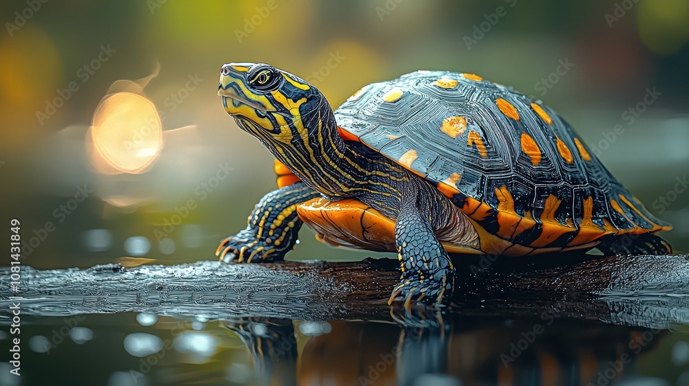 A detailed, high-quality image of a Yellow-Spotted River Turtle resting on a sunlit log near the waters edge, showing off its yellow-spotted head and smooth shell. The shallow depth of field softly bl A detailed, high-quality image of a Yellow-Spotted River Turtle resting on a sunlit log near the waters edge, showing off its yellow-spotted head and smooth shell. The shallow depth of field softly bl