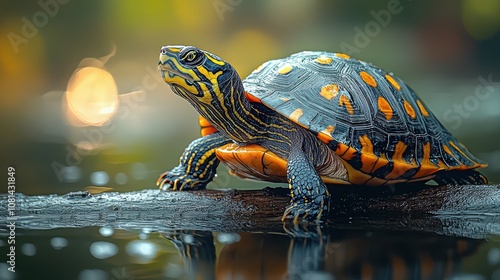 A detailed, high-quality image of a Yellow-Spotted River Turtle resting on a sunlit log near the waters edge, showing off its yellow-spotted head and smooth shell. The shallow depth of field softly bl