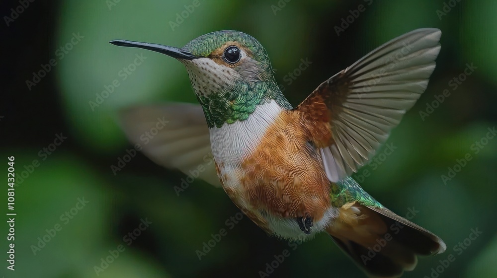 Fototapeta premium A macro, high-resolution shot of a Crimson-Topaz Hummingbird hovering near a tropical flower, its crimson and metallic green feathers catching the light. The vibrant colors contrast against the softly