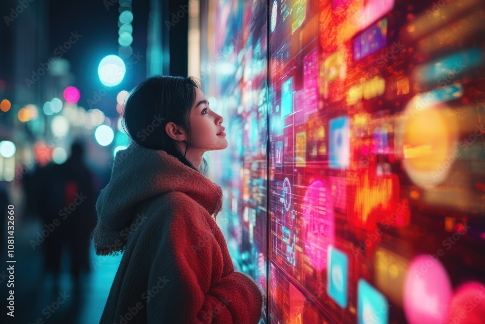 A woman looks up at a large digital display in a city street at night. The display shows colorful and abstract patterns. A woman looks up at a large digital display in a city street at night. The display shows colorful and abstract patterns.