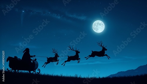  Silhouette of Santa and his sleigh against a starry night sky.  Large full moon in the background, Reindeer in mid-flight. Dark blue tones with glowing stars.Peaceful holiday atmospher. photo