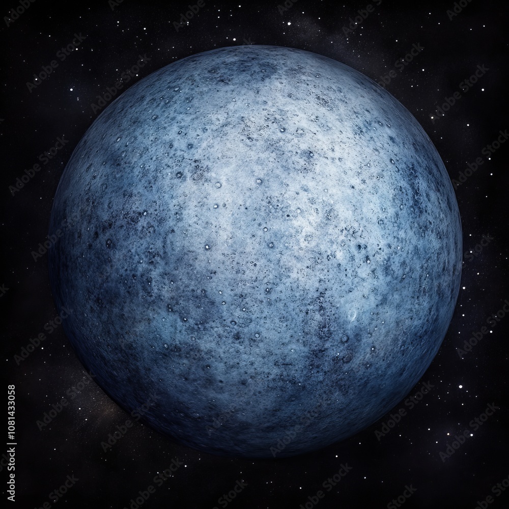 A blue planet with a cratered surface in the center of a dark space dotted with white stars. A blue planet with a cratered surface in the center of a dark space dotted with white stars.