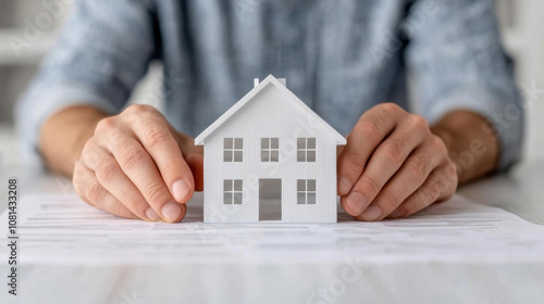 A person holds a miniature house model above paperwork, symbolizing real estate transactions and home ownership.