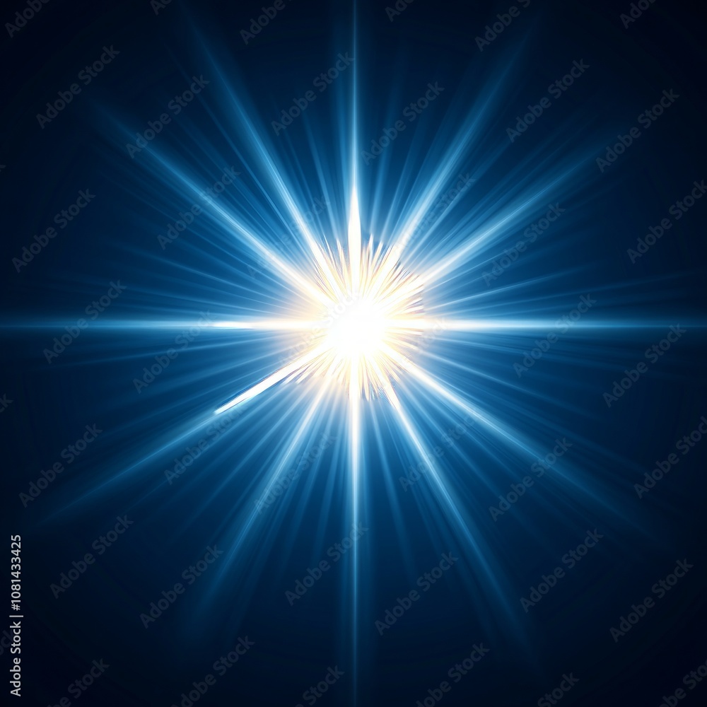 A bright white star with blue rays emanating from its center on a dark blue background. A bright white star with blue rays emanating from its center on a dark blue background.