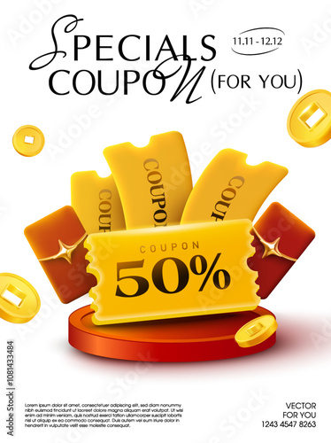 3d flying golden coupons with gift envelope, golden coins on red podium, isolated on white background. Gift voucher cash back giveaway showcase for discount event. 3d gift voucher coupon vector