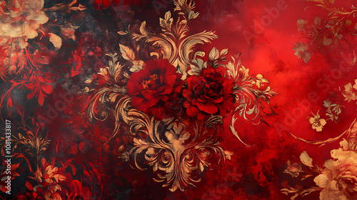 Fototapeta Naklejka Na Ścianę i Meble -  Abstract, baroque wallpaper pattern design. red floral victorian wallpaper background wall in grunge vintage / retro style. Baroque. Illustration