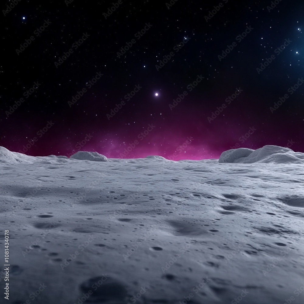 A desolate, moon-like landscape with a pink nebula in the sky. A desolate, moon-like landscape with a pink nebula in the sky.