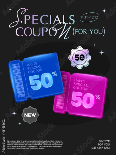 Couple of cute 3d coupons with bar code in blue and pink, percent price off as discount, isolated on dark background. 3d gift voucher for promotion poster. 3d vector coupon. Vector illustration