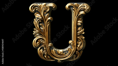 Alphabet letter u with metallic gold or brass texture isolated on black background, baroque style font design, golden uppercase abc for poster, cover, book. Baroque. Illustration