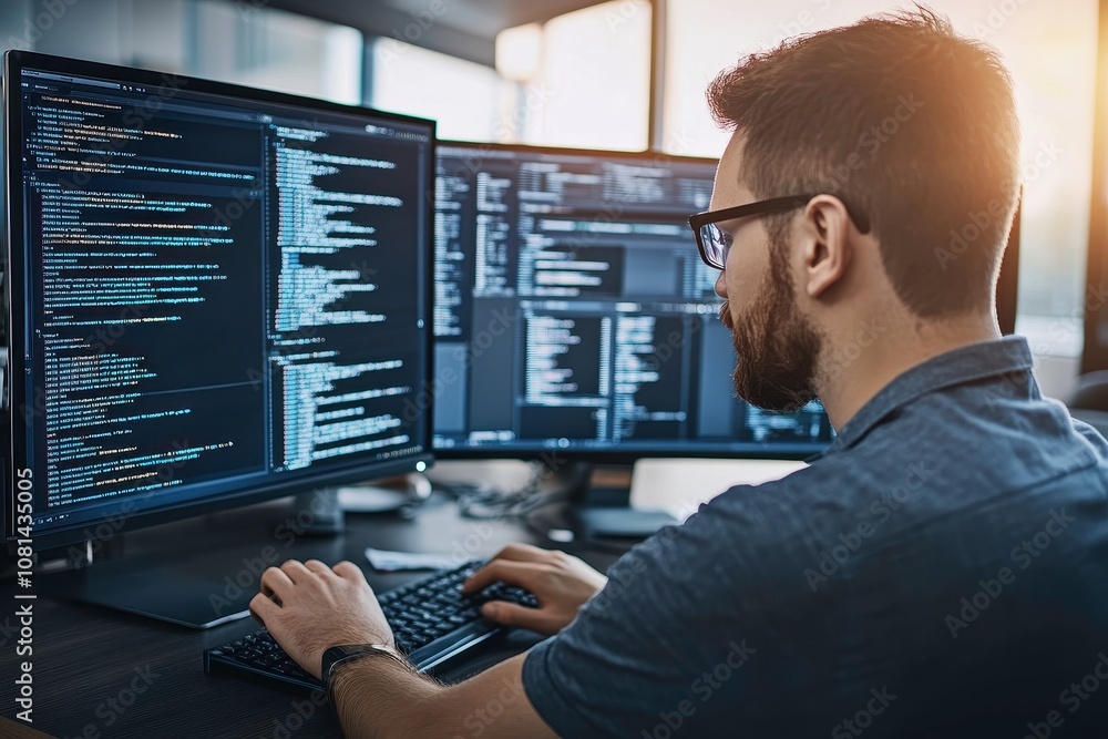 Focused Programmer Developing Software Applications in Modern Office Environment with Multiple Monitors Displaying Code and Development Tools Focused Programmer Developing Software Applications in Modern Office Environment with Multiple Monitors Displaying Code and Development Tools