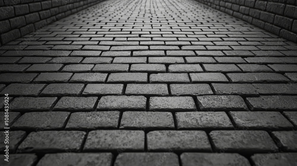 A perspective view of a brick pathway, leading into the distance with soft lighting. A perspective view of a brick pathway, leading into the distance with soft lighting.