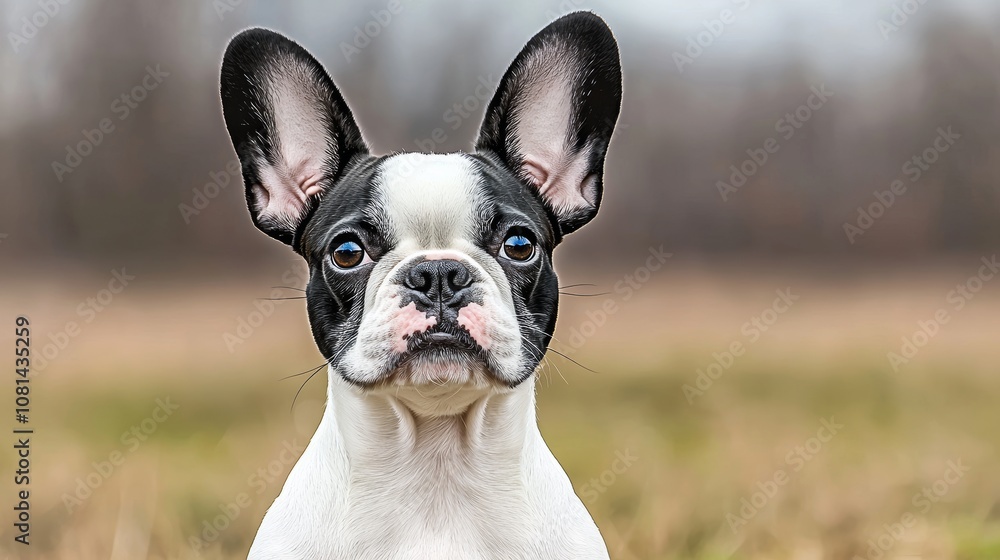 A cute black and white French Bulldog puppy with large ears looking directly at the camera. A cute black and white French Bulldog puppy with large ears looking directly at the camera.