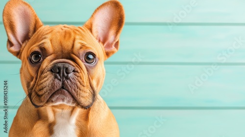 A cute brown and white French bulldog with big brown eyes stares directly at the camera, positioned in front of a blue wooden background.