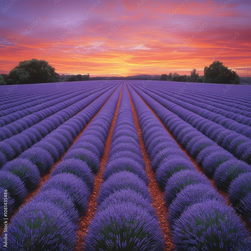 Fototapeta premium A picturesque view of a lavender field at sunset. The rows of lavender are evenly spaced and the sun is setting in the background, creating a beautiful and serene scene.