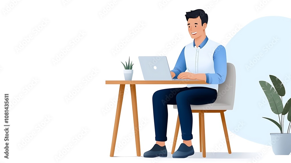 Young professional businessman sitting at desk and working on laptop computer in bright and modern office workspace Young professional businessman sitting at desk and working on laptop computer in bright and modern office workspace