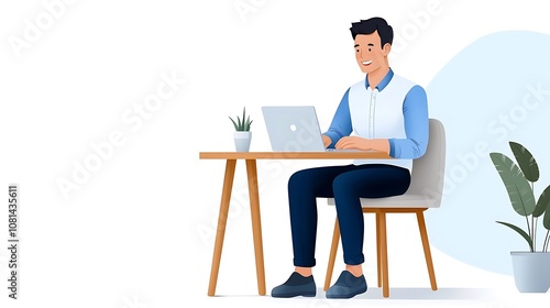 Young professional businessman sitting at desk and working on laptop computer in bright and modern office workspace