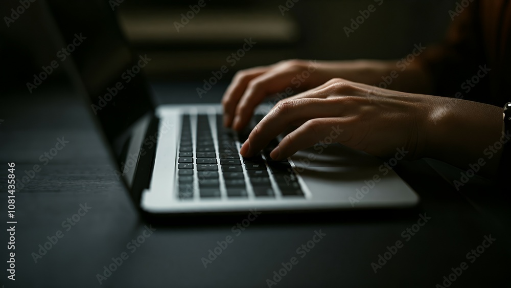 Person typing on a laptop in a dimly lit room. Person typing on a laptop in a dimly lit room.