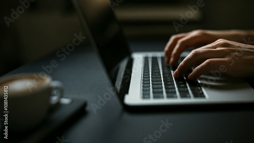 Hands typing on a laptop keyboard with a cup of coffee nearby in dim lighting.