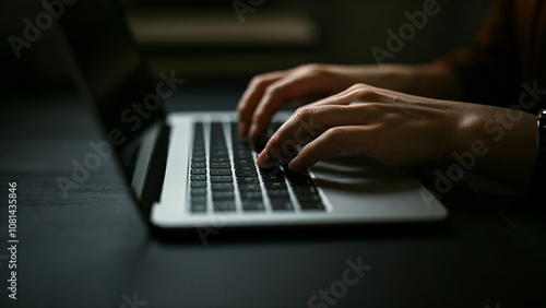 Person typing on a laptop in a dimly lit room.