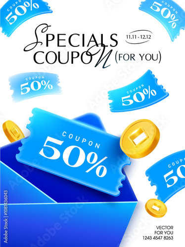 3d flying coupons from an envelope with golden coins, isolated on white background. Flying coupon banner template with gift vouchers giveaway, coupon code. 3d voucher vector . Vector illustration