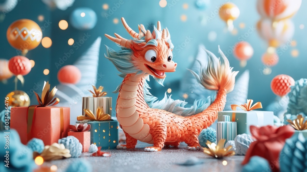 Obraz premium A cartoon dragon stands in front of presents and balloons in a festive setting.