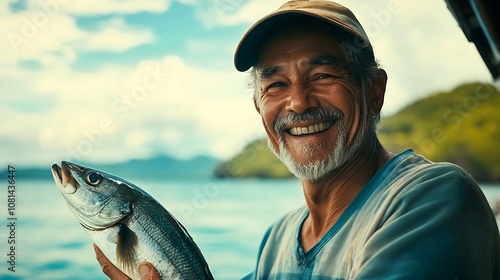 A fisherman smiling as he holds a freshly caught fish in front of a scenic ocean background photo