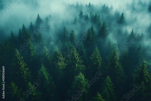 Aerial view of a misty forest with pine trees