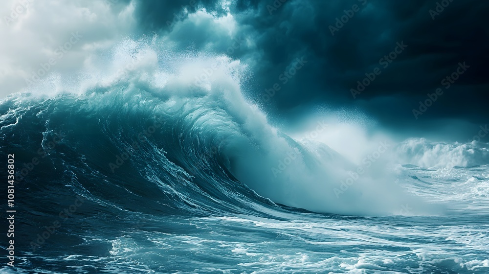 A massive wave crashes against a dark stormy sky. A massive wave crashes against a dark stormy sky.