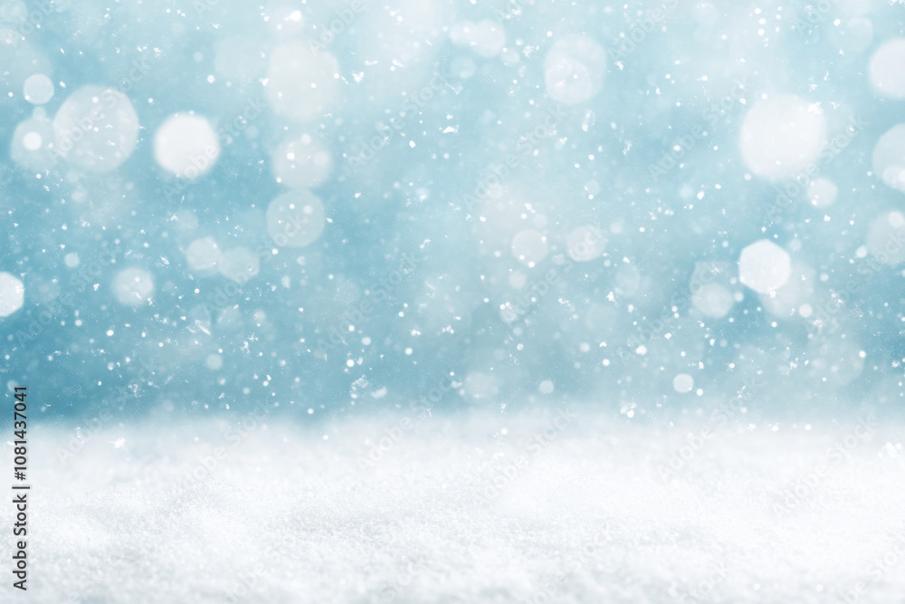 Fototapeta premium Snowfall with soft blue tones, creating a tranquil winter background with bokeh light effects. Ideal for seasonal banners.