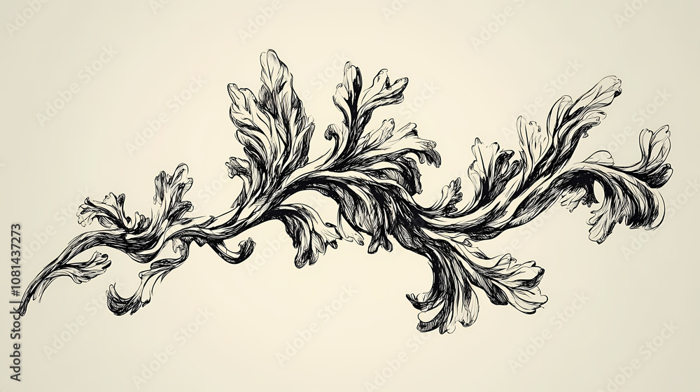Baroque ornamental wavy branch illustration, sketch style in dark isolated on a light background. Baroque. Illustration Baroque ornamental wavy branch illustration, sketch style in dark isolated on a light background. Baroque. Illustration