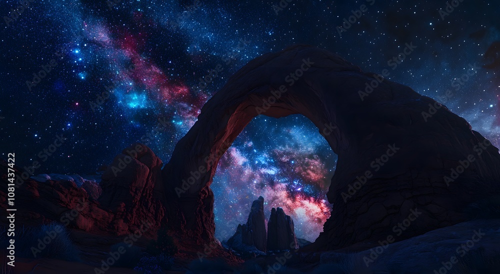 A majestic natural archway frames a vibrant night sky filled with stars and the Milky Way. A majestic natural archway frames a vibrant night sky filled with stars and the Milky Way.