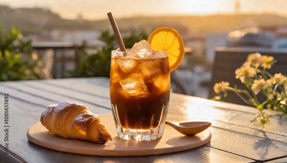 Refreshing Cold Brew Coffee Served in a Glass With Ice Cubes and a Slice of Orange, Presented on a Cafe Table Beside a Pastry and a Wooden Spoon Refreshing Cold Brew Coffee Served in a Glass With Ice Cubes and a Slice of Orange, Presented on a Cafe Table Beside a Pastry and a Wooden Spoon
